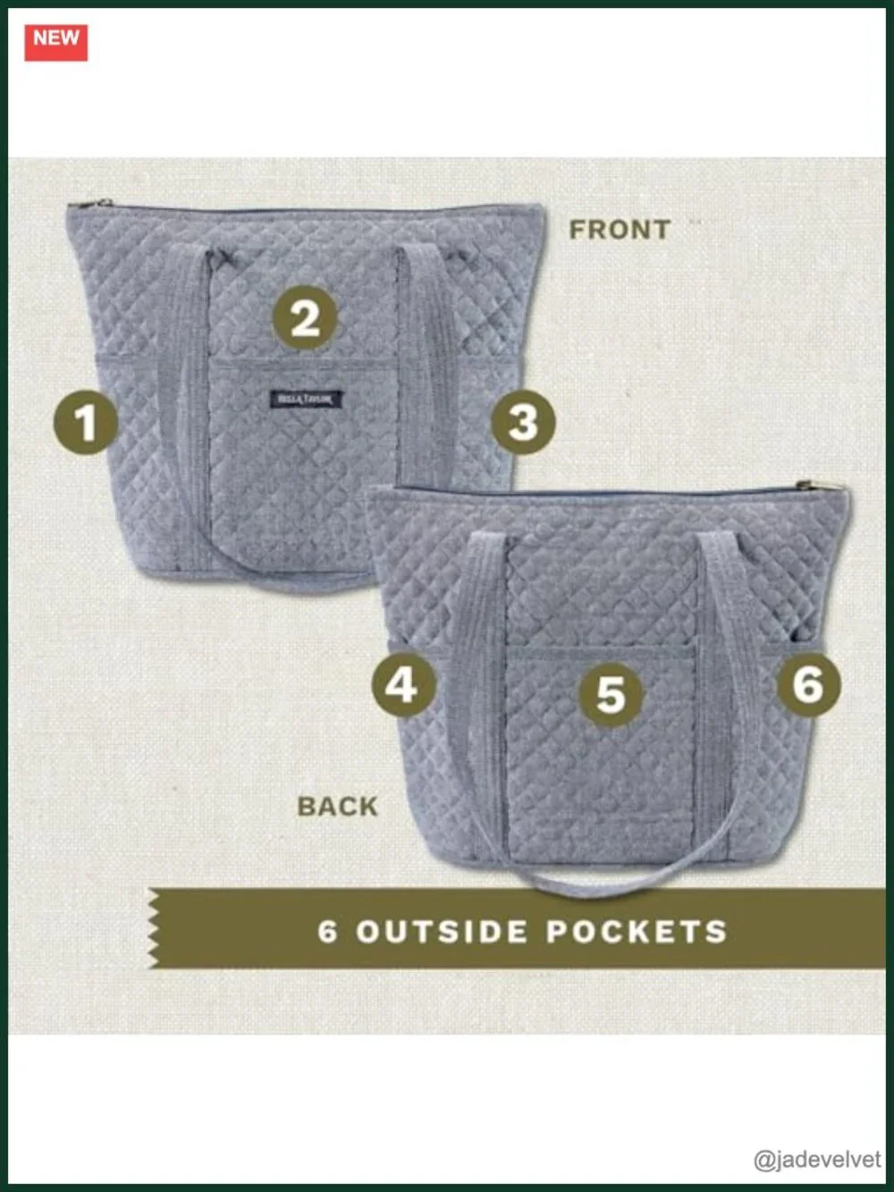 Lightweight Quilted Cotton Tote Bag with 10 Pockets
